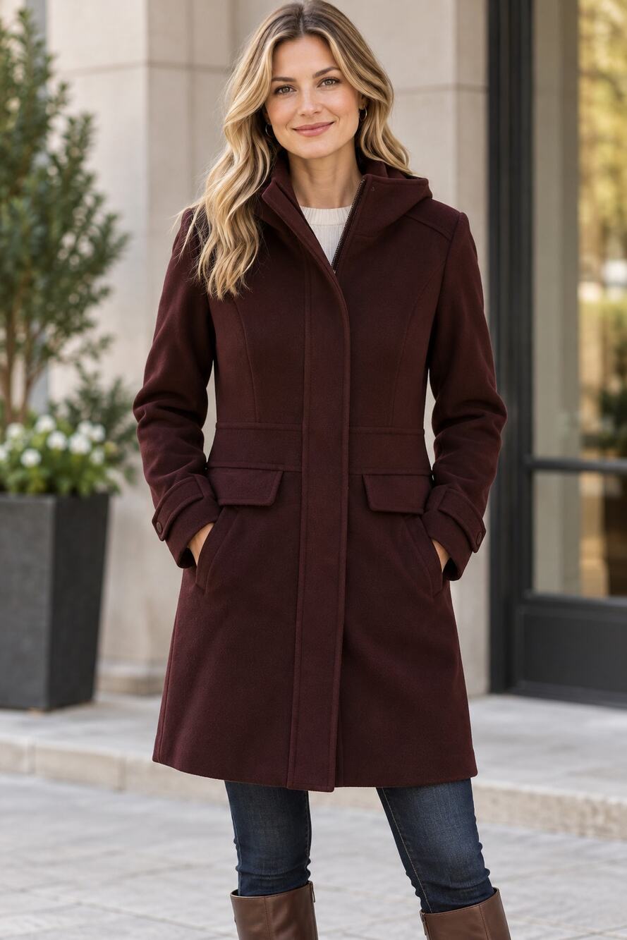 Cole Haan signature burgundy wool-blend mid-length coat size 14 classic